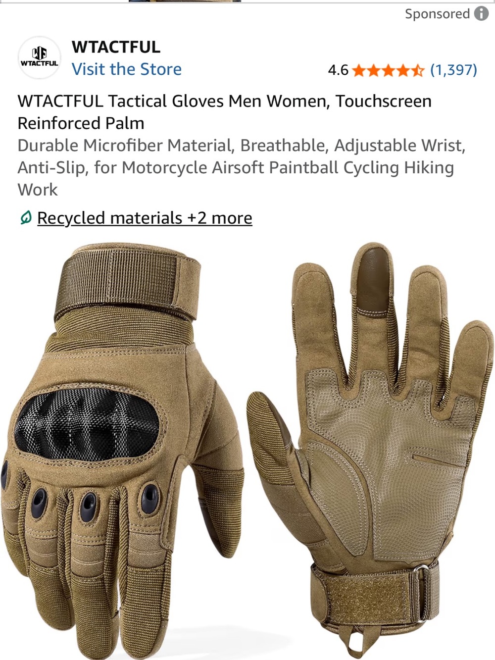 Tactical Gloves for Men - Tan Touchscreen Reinforced Palm
